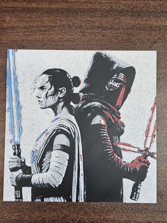 Rey and Kylo Ren Back to Back 3D Printed Hueforge Fan Art