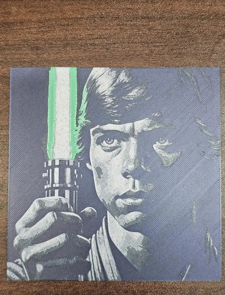 Young Luke, Star Wars, Black Color Shift Background, Blue or Green Lightsaber 3D Printed Hueforge Fan Art