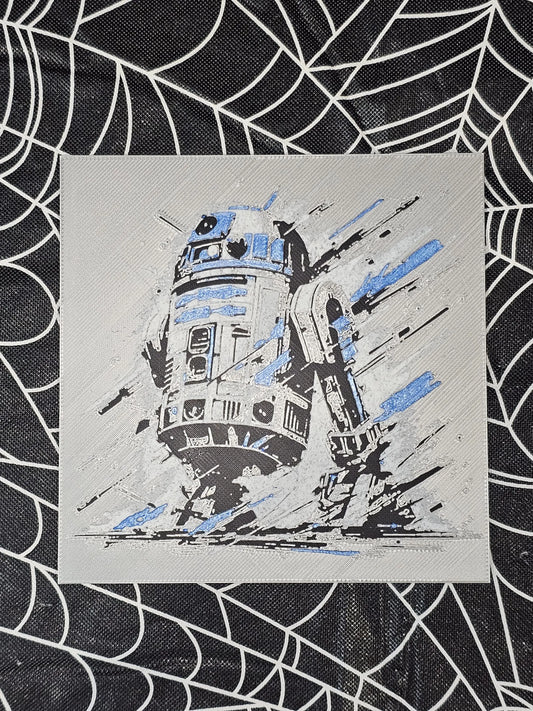 R2D2 Silver Background 3D Printed Hueforge Fan Art