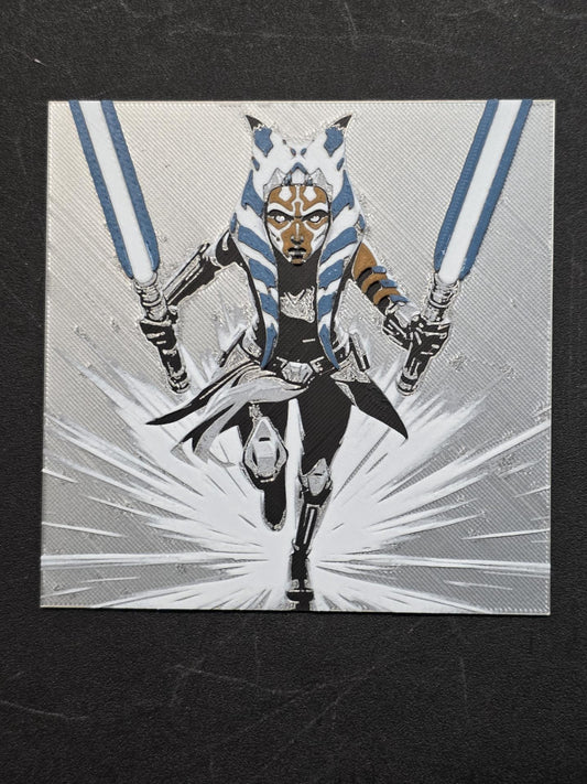 Ahsoka Running, Silver Background, Star Wars 3D Printed Hueforge Fan Art